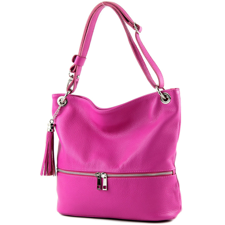 modamoda de - T143 - ital. Leder Schultertasche Umhängetasche Pink (B), Pink (B)