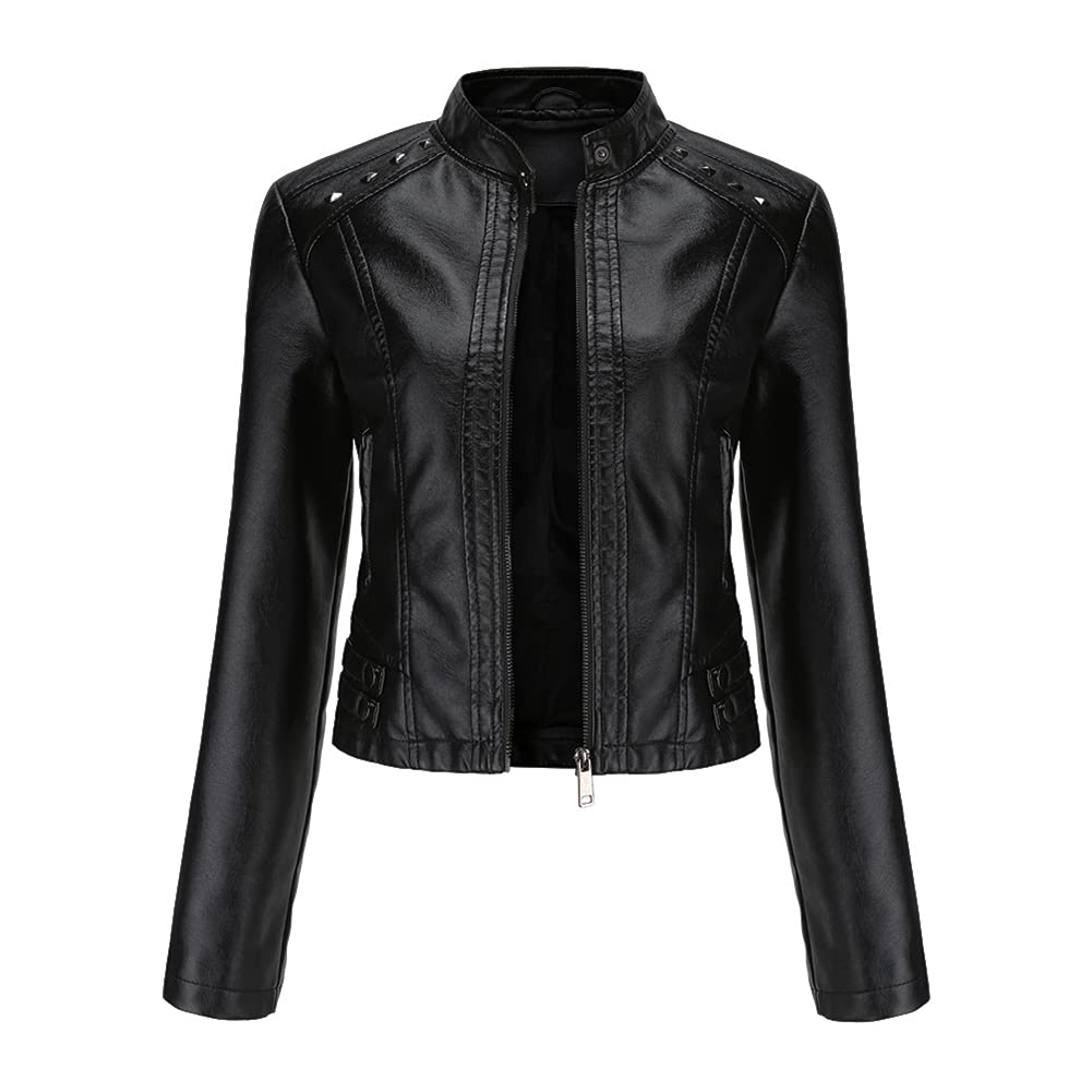 YYNUDA Damen Lederjacke Kurz Bikerjacke Stehkragen Reissverschluss Leder Jacke Übergangsjacke für He