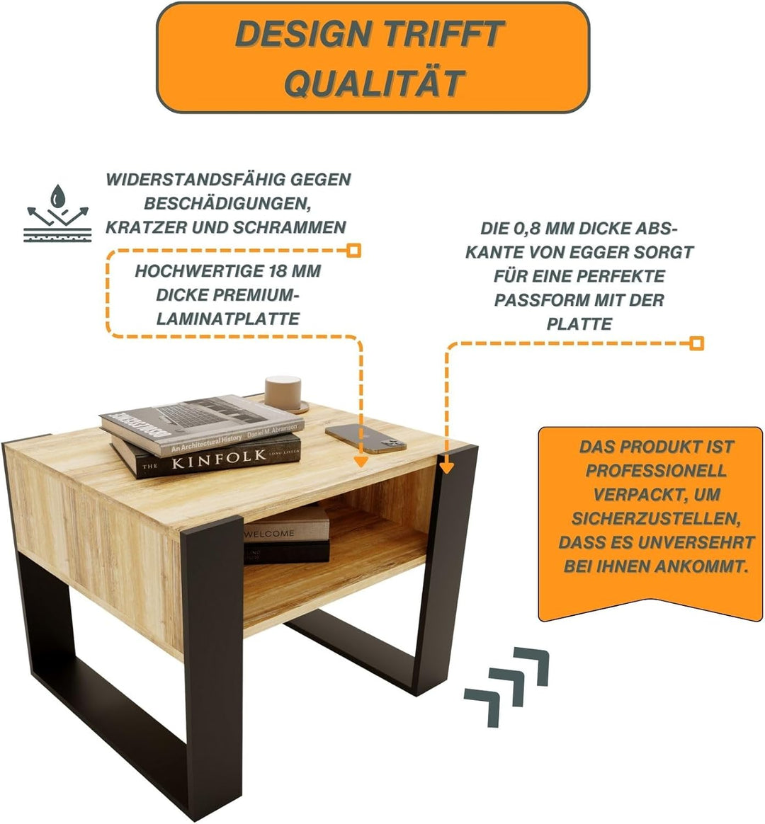 CraftPAK Wohnzimmer Tisch für Couch aus hochwertigem Holz, Stabiler & moderner Couchtisch mit zusätz
