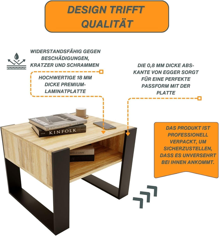 CraftPAK Wohnzimmer Tisch für Couch aus hochwertigem Holz, Stabiler & moderner Couchtisch mit zusätz