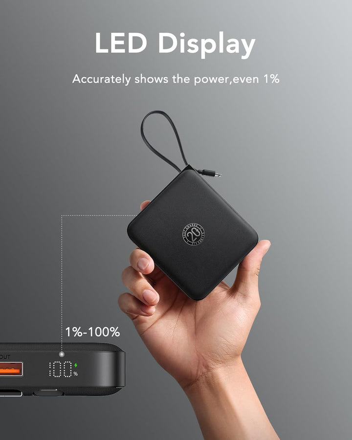 VRURC Power Bank mit Kabel 10000mAh Klein USB C Powerbank Schnelles Aufladen 22.5W Mini Tragbares La