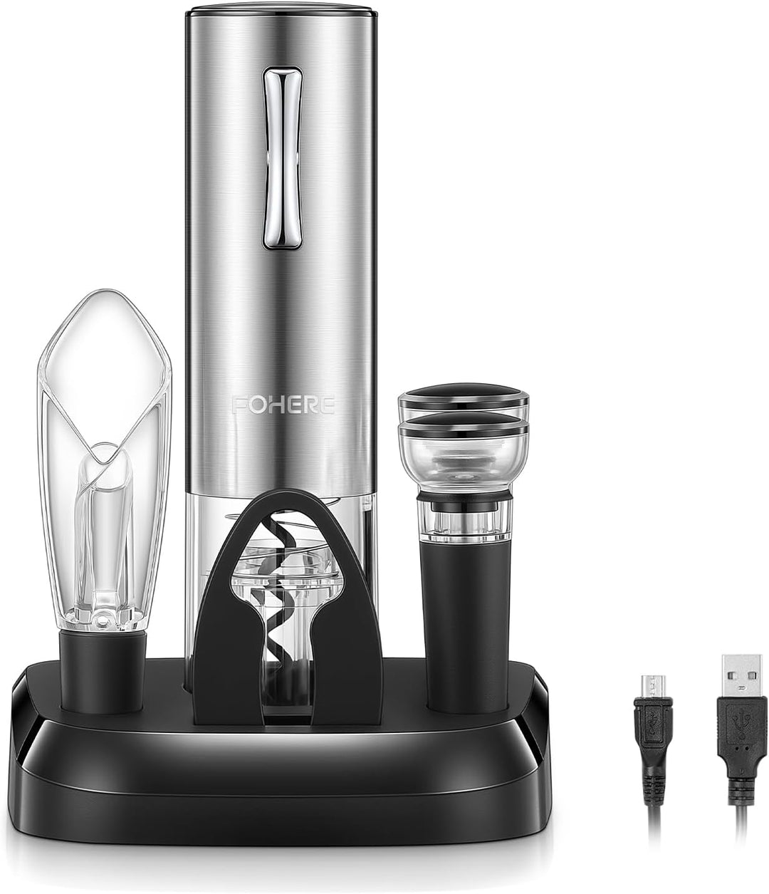 FOHERE Korkenzieher Elektrisch, mit Folienschneider, Ausgiesser, Vakuumpumpe, und Ladestation, Kabel