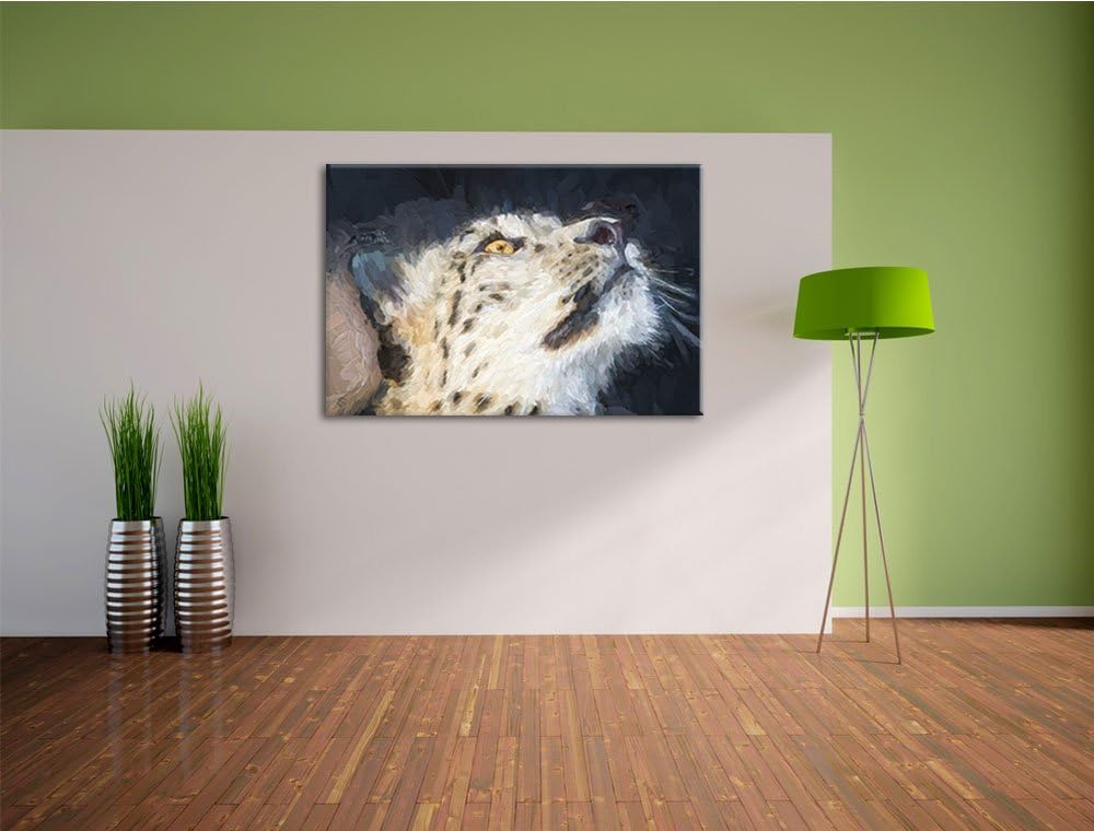 aufschauender Schneeleopard Deluxe Format: 100x70 cm auf Leinwand, XXL riesige Bilder fertig gerahmt