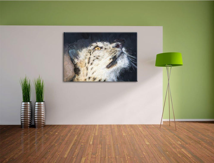 aufschauender Schneeleopard Deluxe Format: 100x70 cm auf Leinwand, XXL riesige Bilder fertig gerahmt