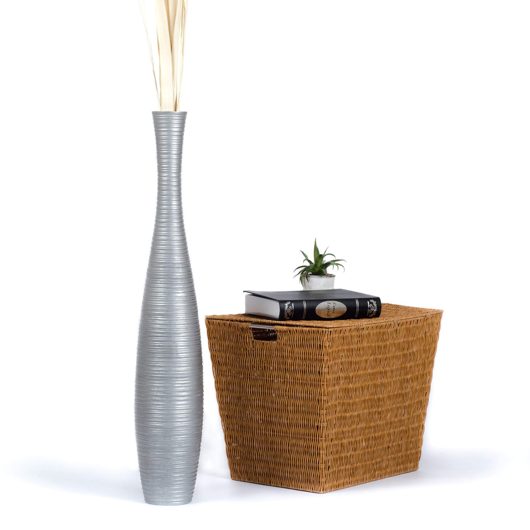 Leewadee Grosse Bodenvase für Dekozweige hohe Standvase Design Holzvase, Holz, 90 cm, Silber 90 cm S