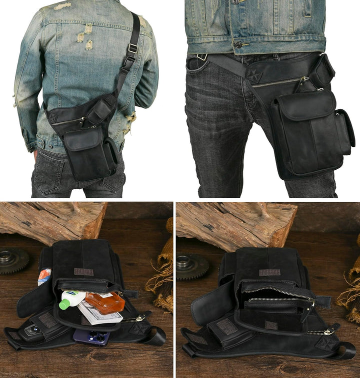 Le'aokuu Herren Echtes Leder Tasche Beinbeutel Beintasche Aussenbeintasche Hüfttasche Drop Leg Thigh