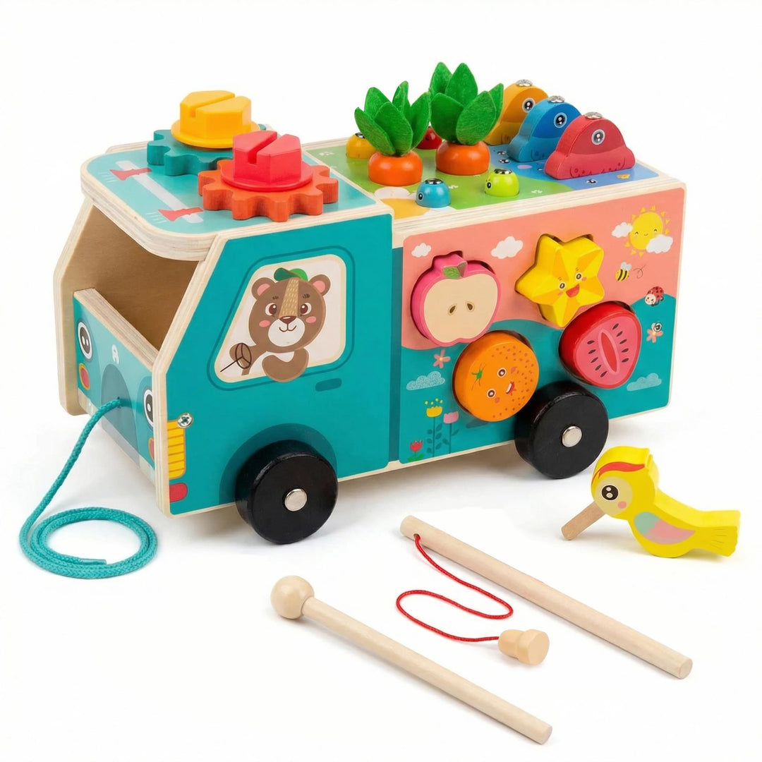 Montessori Holzspielzeug ab 1 2 3 Jahre, 8-in-1 Musikbus Nachziehspielzeug mit Xylophon, Angelspiel,