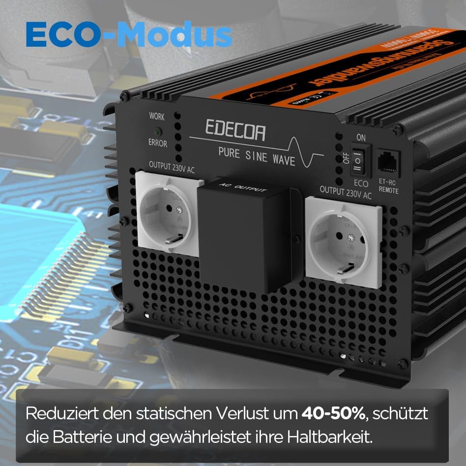 EDECOA Wechselrichter 12v auf 230v Pure Wave 3500w Spannungswandler Fernbedienung Pro 2X USB Kann Ba