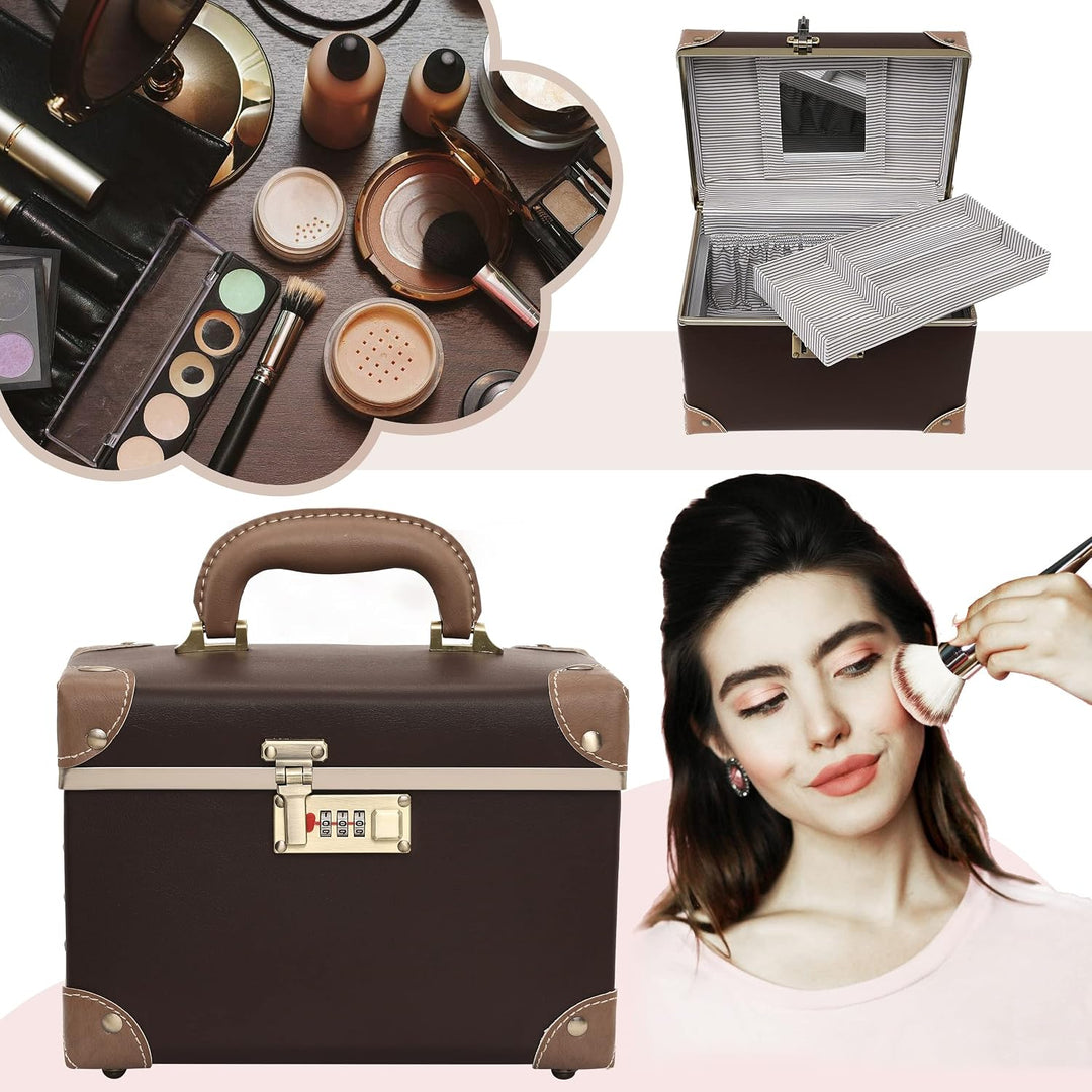 urecity Vintage Leder Kosmetikkoffer mit Spiegel - Hartschale Schminkkoffer für Damen, Reise Make-up