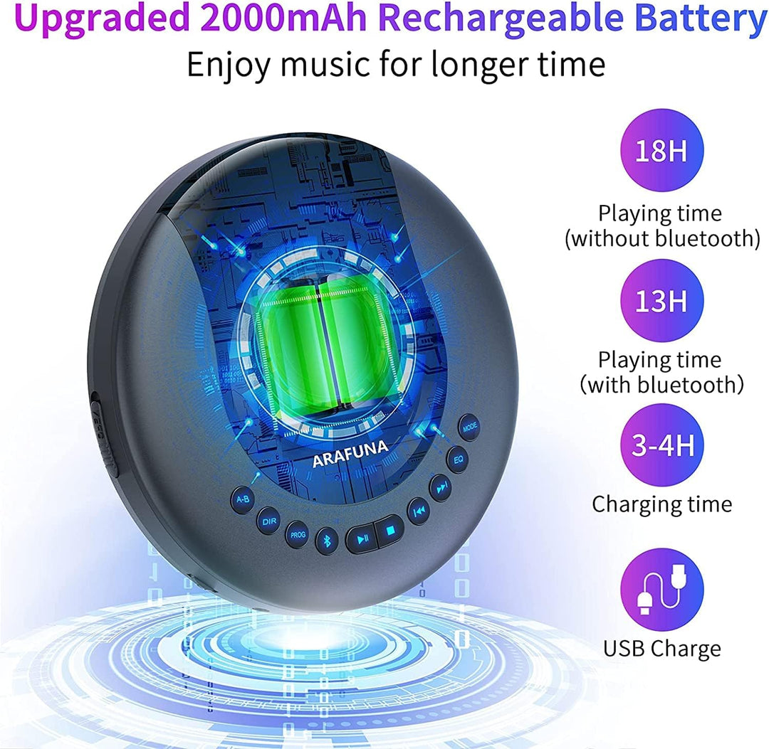 CD Player Tragbar, Arafuna Tragbarer CD Player Bluetooth für Auto und Kinder, 2000mAh wiederaufladba