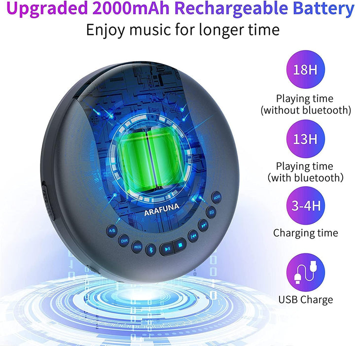 CD Player Tragbar, Arafuna Tragbarer CD Player Bluetooth für Auto und Kinder, 2000mAh wiederaufladba