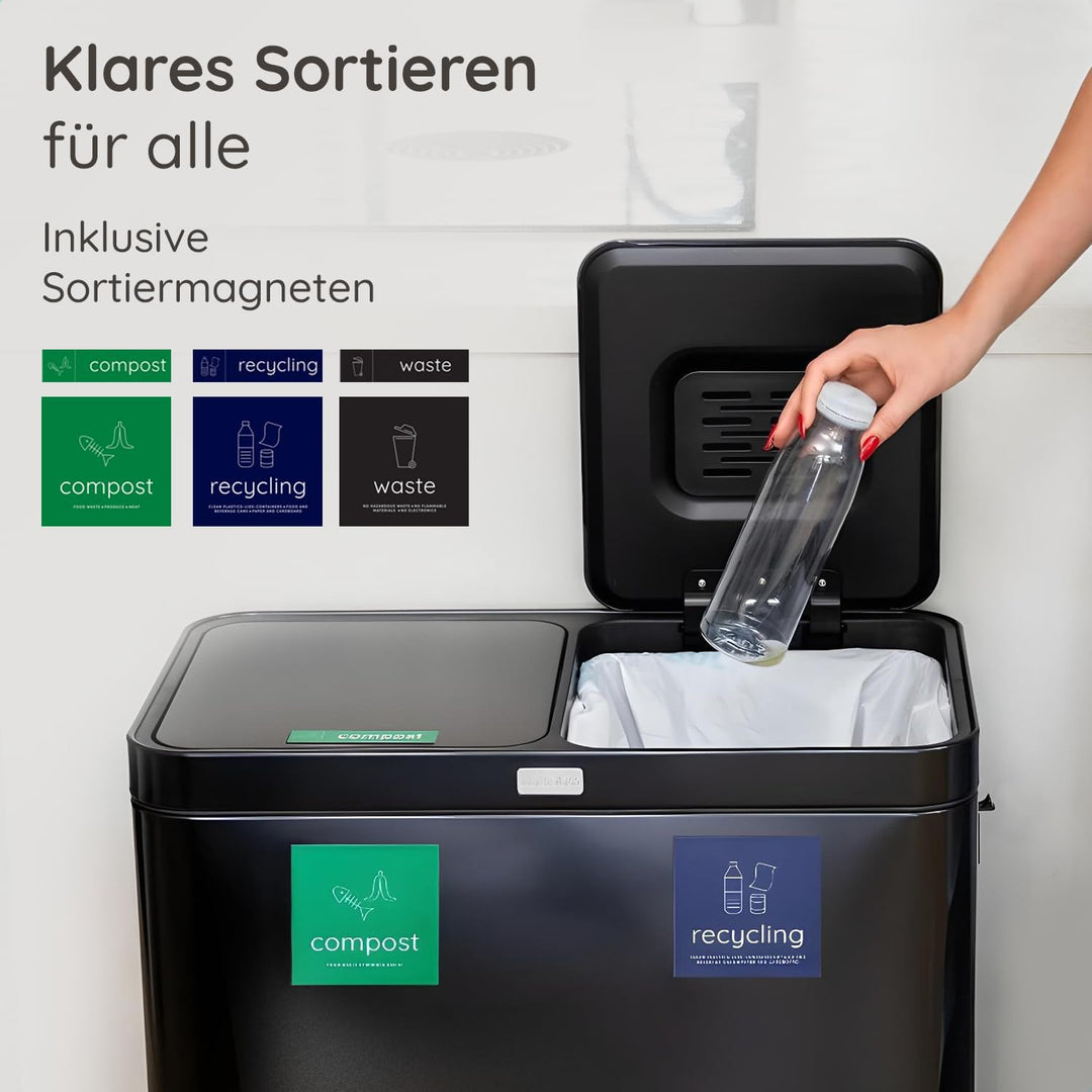 Mülleimer Küche 2 Fächer 60L - Doppelmülleimer mit FreshAura Geruchsfilter - Duo Slow Close Tretmüll