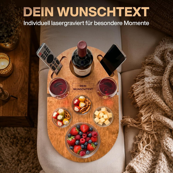 Couchbar Weinbar in Eiche mit 4 Glasschalen | PERSONALISIERBAR | Snackbox für Wein mit Getränkehalte