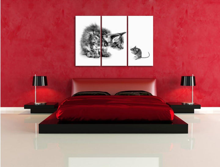 Pixxprint Katze und Maus Freunde als Leinwandbild/Grösse: 3 Teilig (120x80) cm/Wandbild/Kunstdruck/f