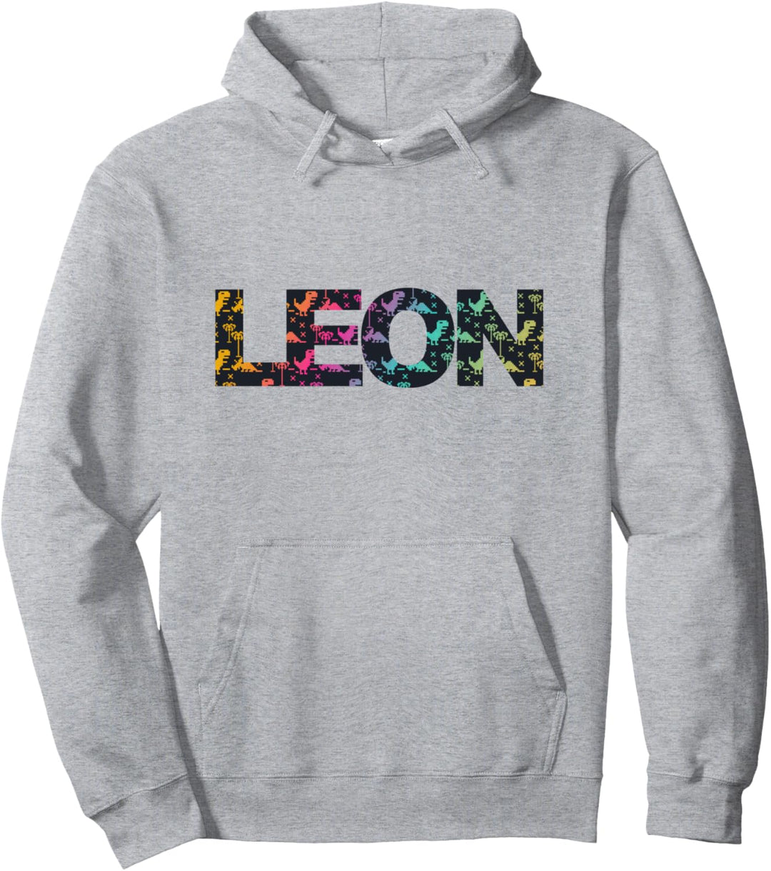 Leon - Cooler Jungs Name mit bunten Retro Pixel Dinos Pullover Hoodie