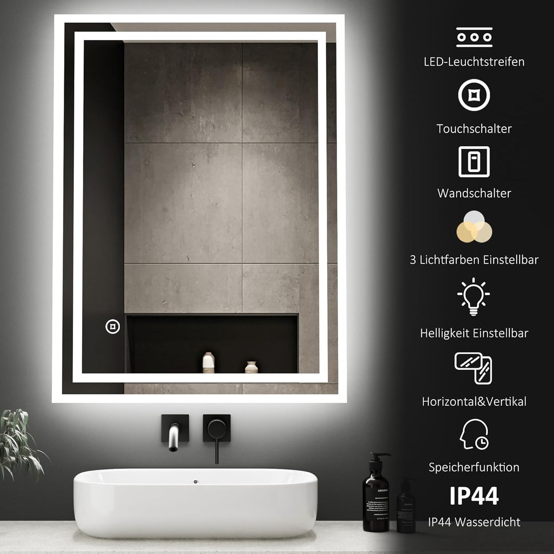 Boromal Badspiegel Dimmbar 40x60cm LED Badspiegel Wandschalter 3 Lichtfarbe 3000-6500K 1940LM Kaltwe