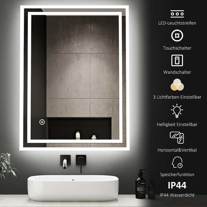 Boromal Badspiegel Dimmbar 40x60cm LED Badspiegel mit Beleuchtung Wandspiegel Lichtspiegel 3 Lichtfa