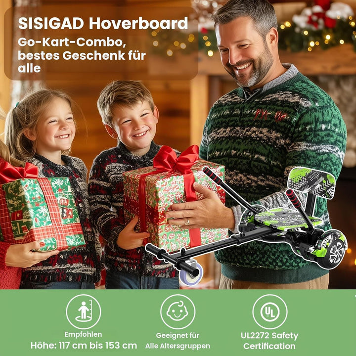 SISIGAD Hoverboard mit Kartsitz, Bluetooth-Lautsprechern und LED-Licht, 6,5-Zoll-Reifen, leistungsst