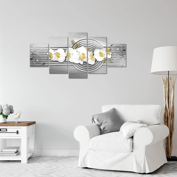 Runa Art Wandbilder Blumen Orchidee 5 Teilig Bild auf Vlies Leinwand Deko Wohnzimmer Sand Grau Gelb
