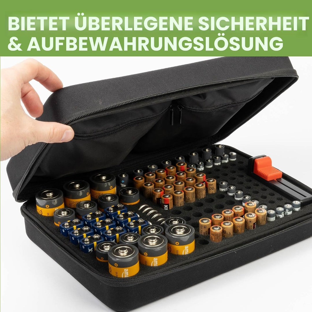 BLOSTM Batterie Organizer mit Batterietester | Batterie Aufbewahrungsbox für 140 Batterien AAA, AA,