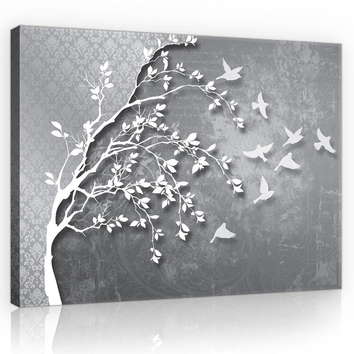 Forwall Bilder Canvas Silber Baum Vögel Modern Schlafzimmer Wohnzimmer Leinwandbilder Wandbild Kunst