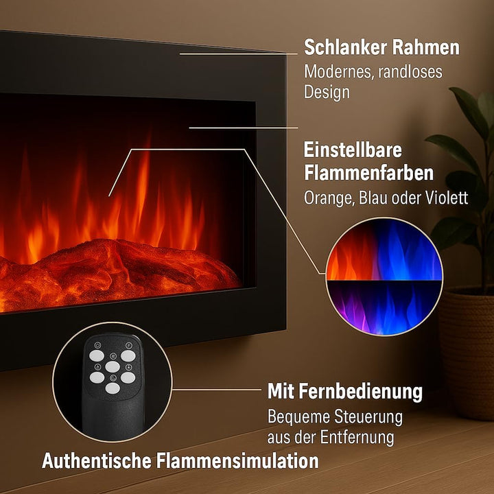 Elektrokamin Wandkamin Ben 250cm mit LED Flammensimulation - Farbwechsel - inkl. Fernbedienung, Time