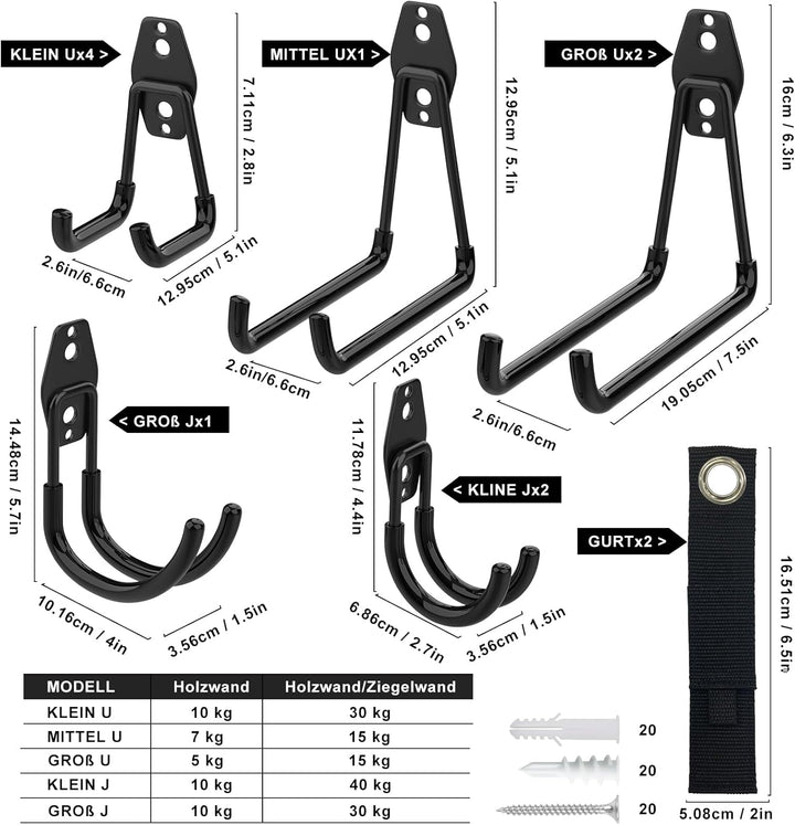 Kitmiido 12er Set Wandhaken für Garage | Schwerlast Doppelhaken | Platzsparende Aufbewahrung für Wer