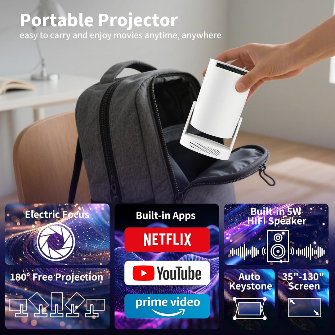 Mini Beamer, 4K 1080P Tragbarer Mini Projektor, Ausgestattet mit Bluetooth 5.4, HDMI-Schnittstelle,