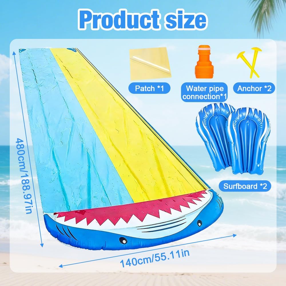 Mineup Wasserrutsche Garten, 480 x 140cm Wasserrutschmatte mit 2 Bodyboards, Doppelrutsche mit Einge