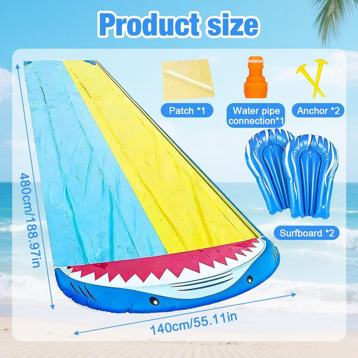 Mineup Wasserrutsche Garten, 480 x 140cm Wasserrutschmatte mit 2 Bodyboards, Doppelrutsche mit Einge