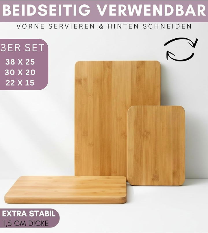 Bambus Schneidebrett aus Holz - 3er Set- Natürlich- ohne Lack | Antibakteriell | 38x25 / 30x20/ 22x1