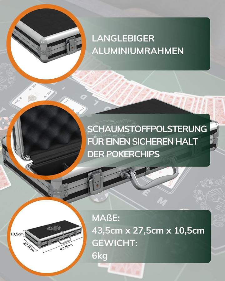 Bullets Playing Cards | Pokerkoffer „Tony“ mit 300 Clay Pokerchips 14g | Pokerset mit Karten, Würfel