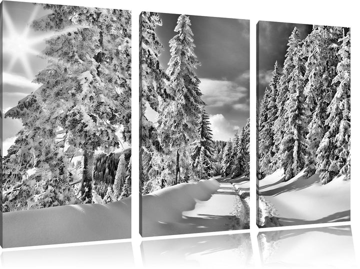 Pixxprint Monocrome, Winterlandschaft Bäume 3-Teiler Leinwandbild 120x80 Bild auf Leinwand