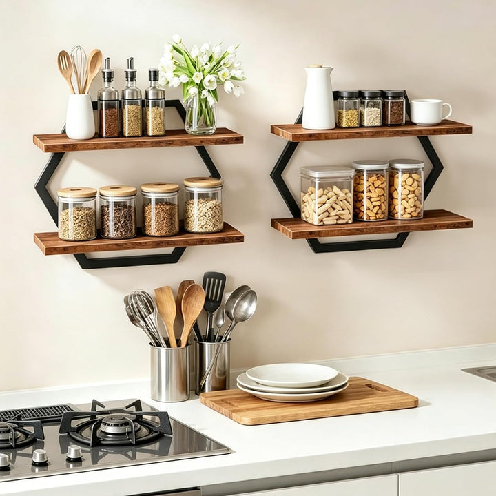 Lermende Wandregal Holz und Metall, 2Pcs Schweberegal Hängeregale-Schwarz | 2-stöckiges Wandmontage