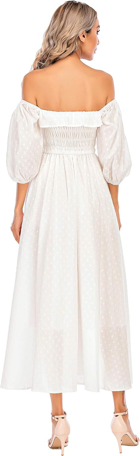 R.Vivimos Damen Polka Dot Slim Fit halbe Hülsenkleider Quadratischer Kragen Langes Midikleid S Weiss