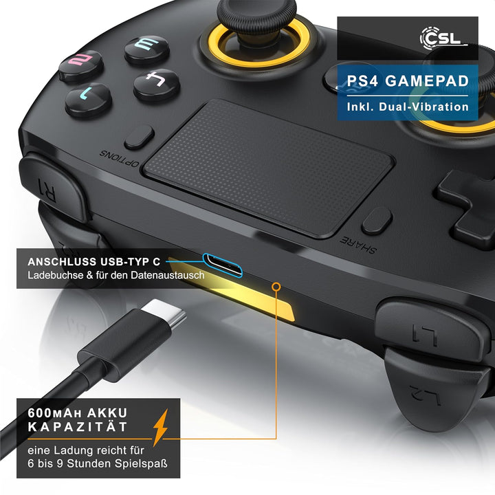CSL - Wireless Gamepad für PC und PS4 - PC Anschluss - Wireless Controller - Dual Vibration - Headse