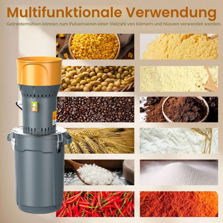 Elektrische Getreidemühle 1300W, 25L Maismühle Maschine mit 5 Feinheitssieben, abnehmbarem Trichter