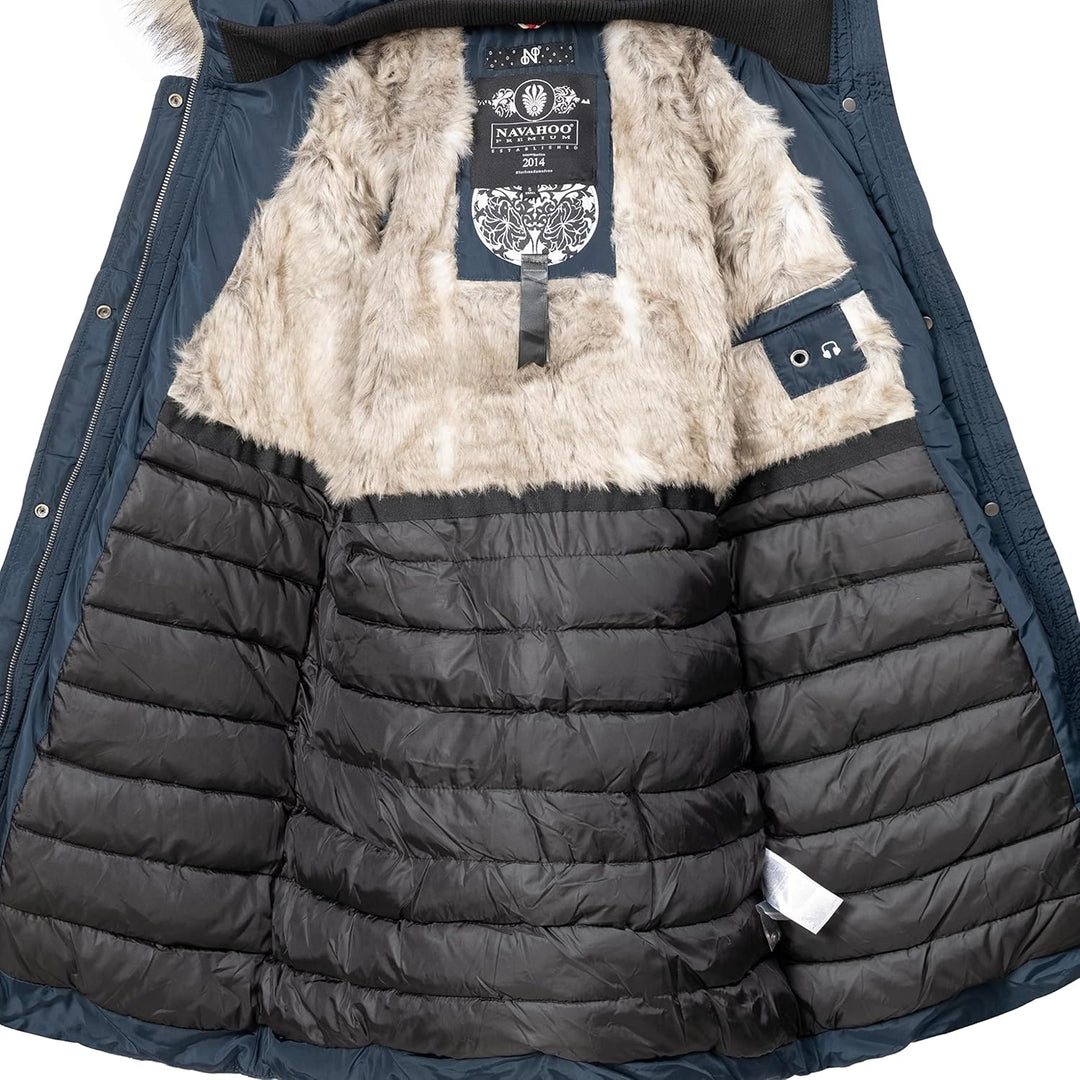 Navahoo Damen Wintermantel warmer Steppmantel lang mit Kapuze Paula XS-XXL S Blau, S Blau