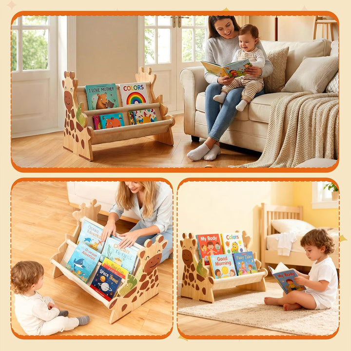 Bücherregal Kinder, Montessori Kinder Buchständer aus Holz mit 4 Ablagen, Kinderregal für Buchaufbew