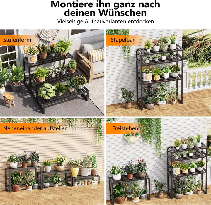 Pflanzenständer Indoor Outdoor,3 Etagen Metall Blumenstände Schwarz Rostfest Blumenhocker,Pflanzenre