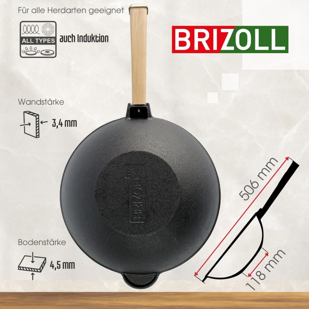 4BIG.fun Wokpfanne mit Holzgriff 26 cm aus Gusseisen Wok 2,8 L Outdoor Stielpfanne Camping Grillpfan