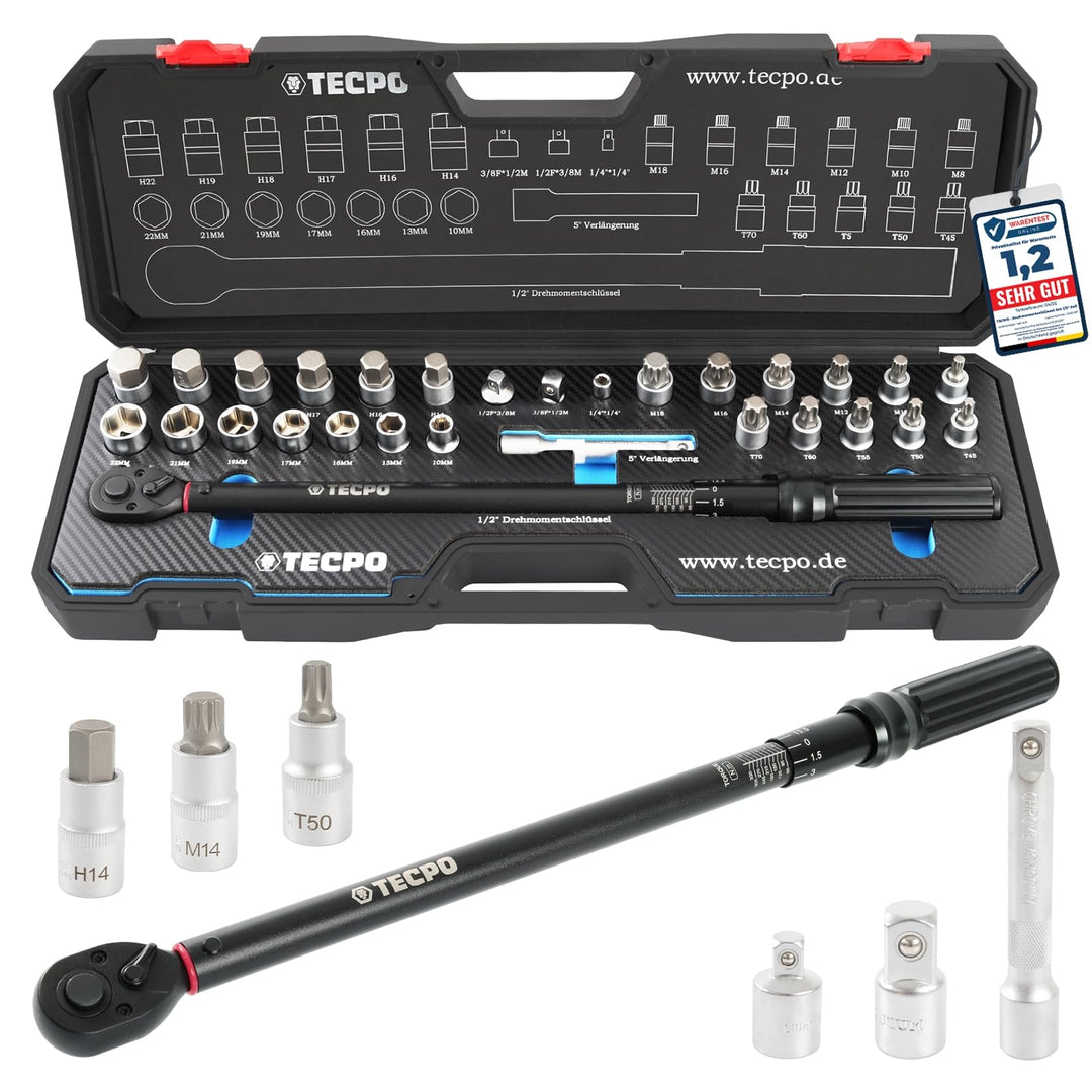 TECPO Drehmomentschlüssel Set 1/2" Zoll, 50-350 Nm, 72 Zähne Mechanik, kalibriert, hohe Präzision vo