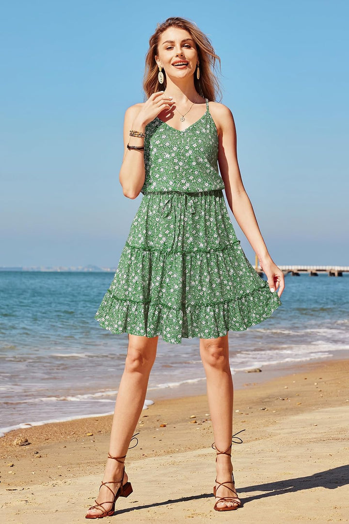 Newshows Sommerkleid Damen Knielang Spaghettiträger Kleid V-Ausschnitt Strandkleider M A1floral 03,