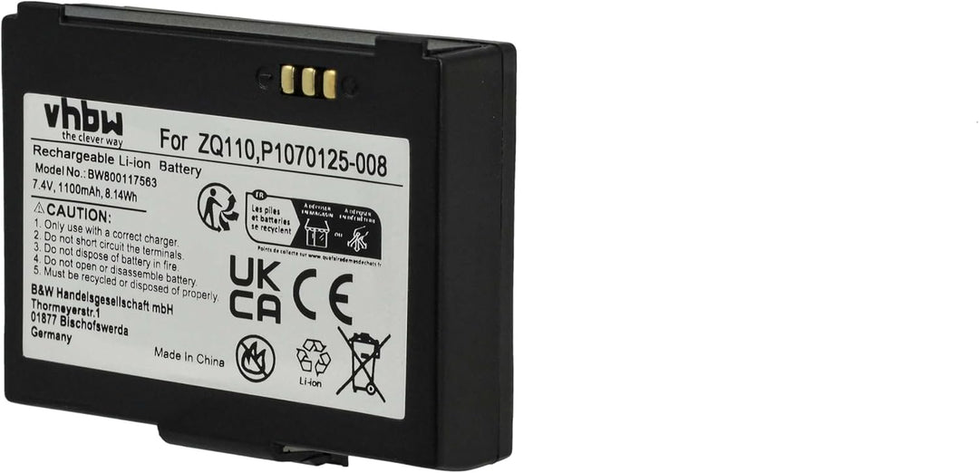vhbw Akku kompatibel mit Zebra ZQ110 | ZQ220, ZR128 Barcodescanner POS (1100 mAh, 7,4 V, Li-Ion)