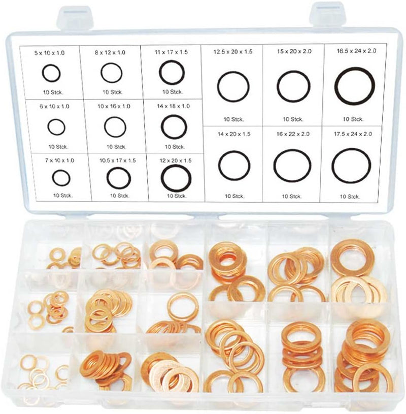 Kupfer Unterlegscheiben Dichtung Dichtring aussen ø 10-24 mm innen-ø 5-17,5 mm 150-tlg. (im Aufbewah