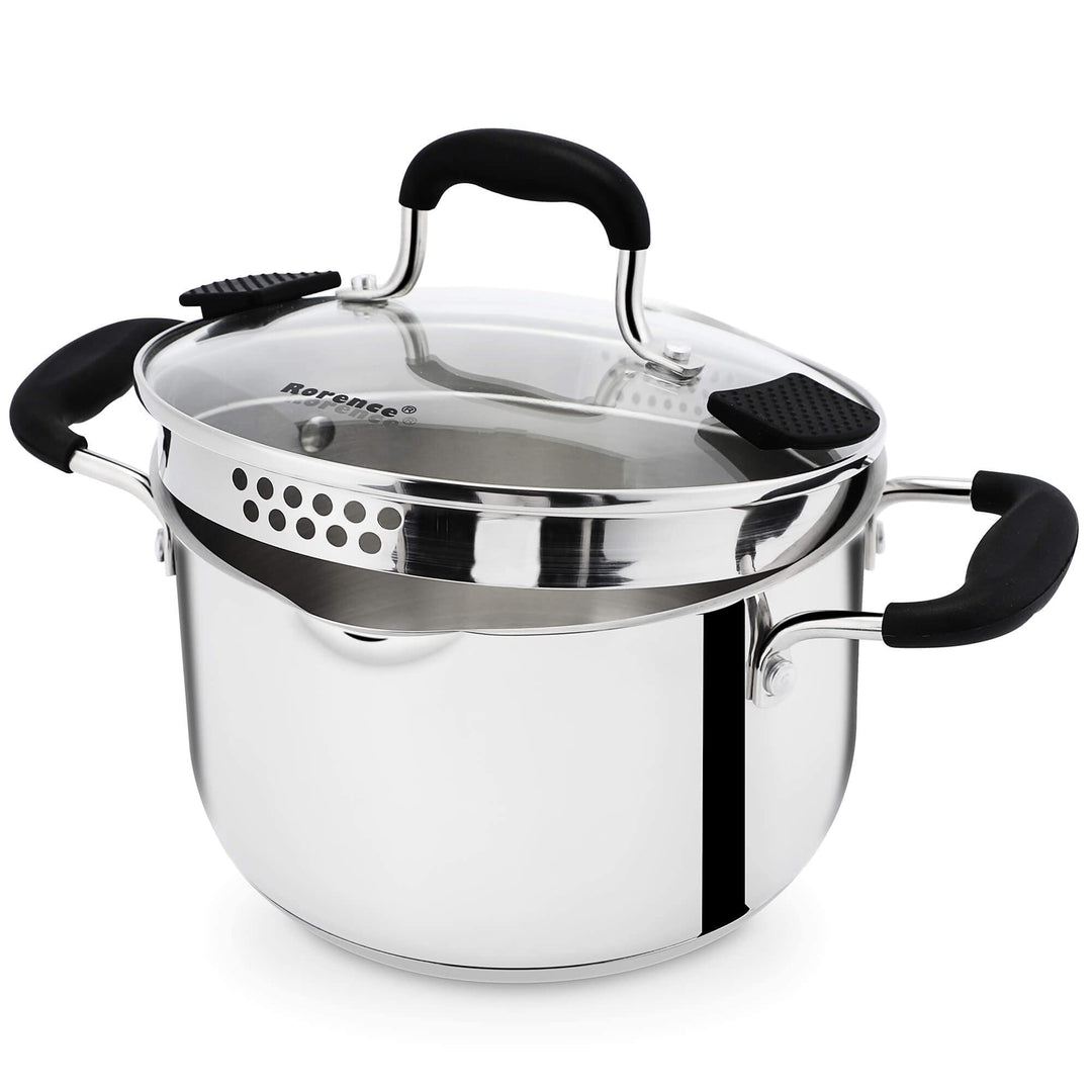 3.5L Edelstahl 18/8 Kochtopf Induktionsgeeignet für alle Herdarten, Glasdeckel mit Abgiesslöchern, S