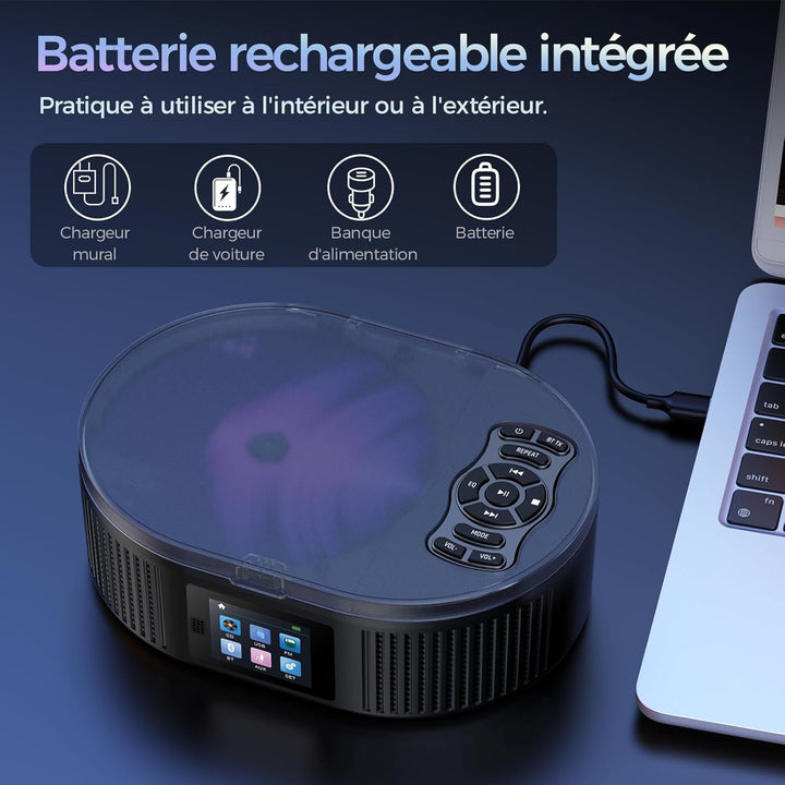 Desobry Tragbarer CD-Player mit Bluetooth, Grossem LCD-Display, Akku, Lautsprecher, AUX, USB, UKW-Ra