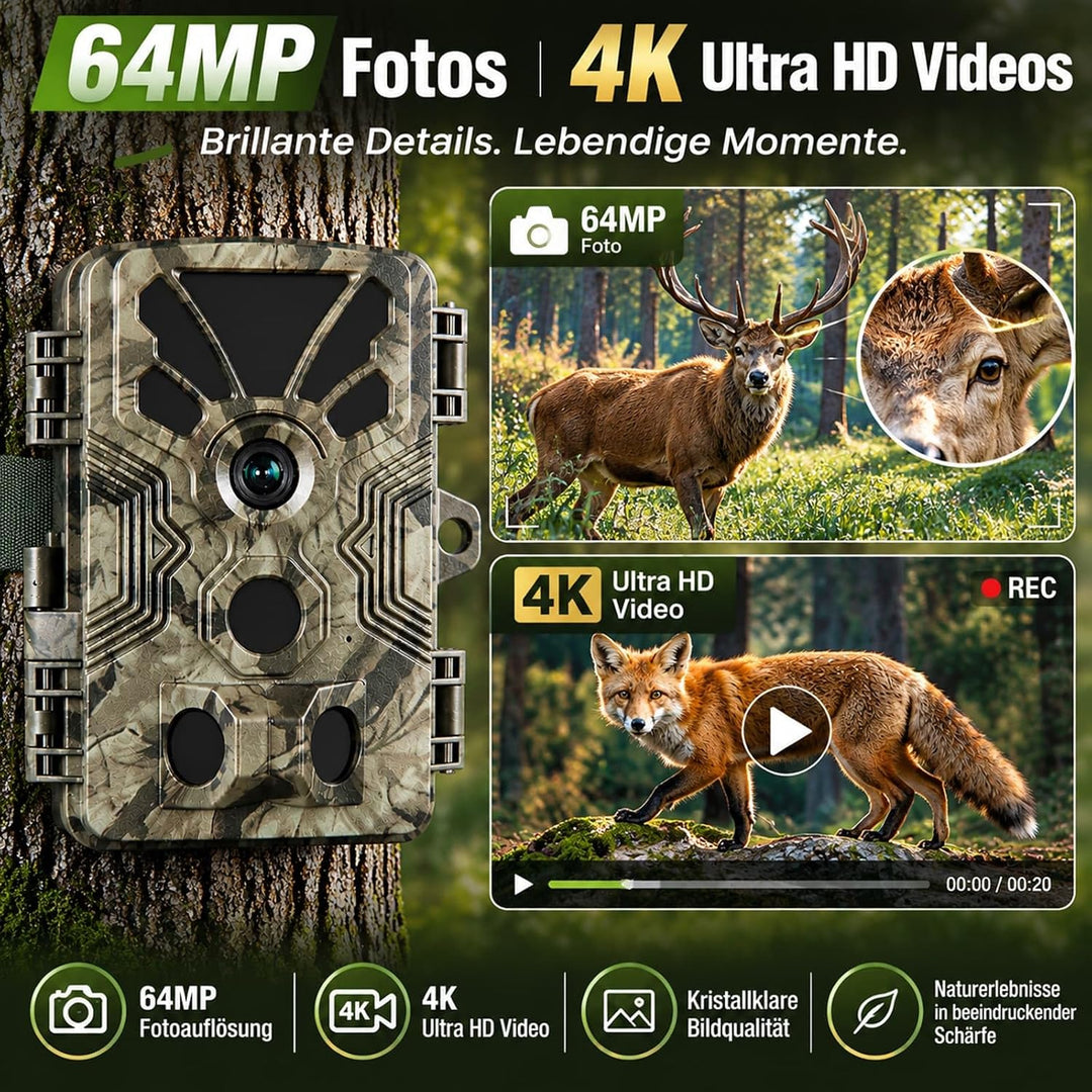 BlazeVideo Wildkamera 64MP 4K mit 0,1s Auslösezeit, 120° PIR-Erfassung, Nachtsicht, wetterfestes Geh