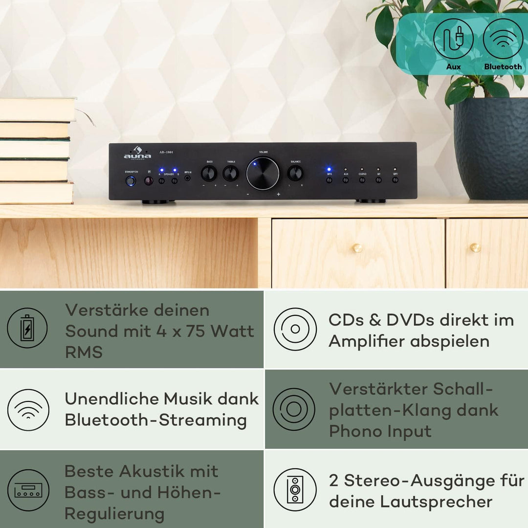 Auna Verstärker, HiFi Stereo Mini Verstärker, HiFi-Verstärker mit Bass & Treble Regler, 2 Kanal Audi
