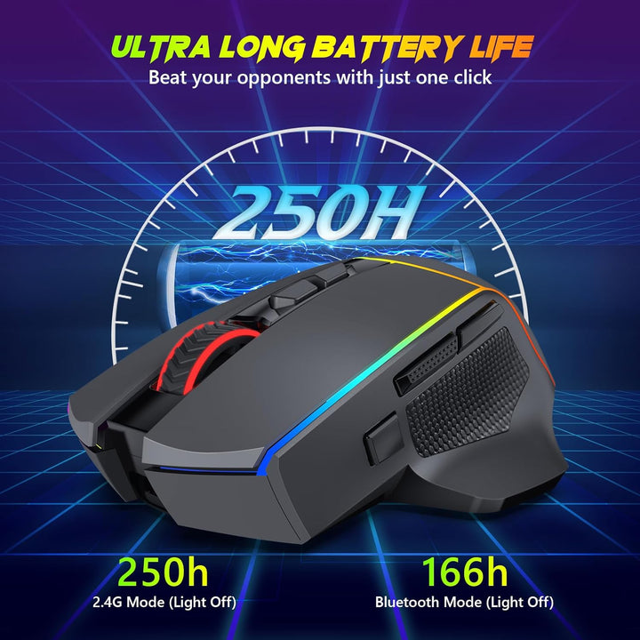 Redragon Kabellose Gaming Mouse, 2.4G/USB-C/Bluetooth Ergonomische Mouse Gaming, 8000 DPI, RGB Back-